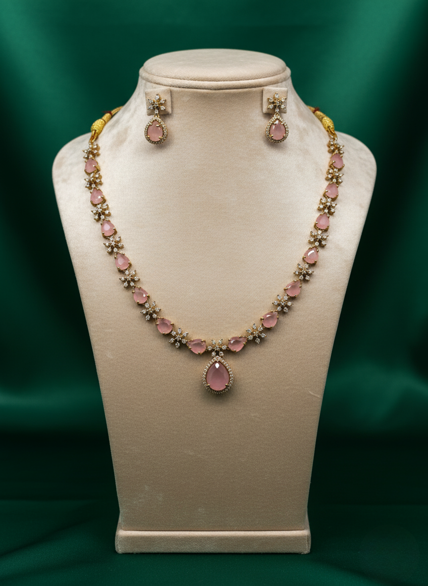 Blush Pink AD Necklace Set – Premium Gold Finish