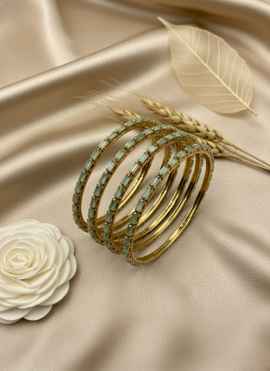 Mint Green Crystal Bangles (Set of 4)