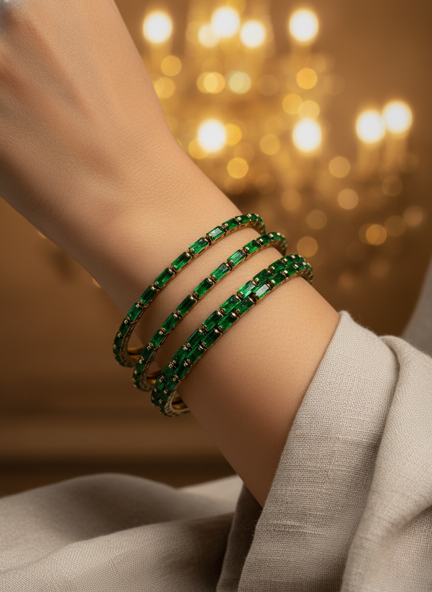Emerald Green Crystal Bangles (Set of 4)