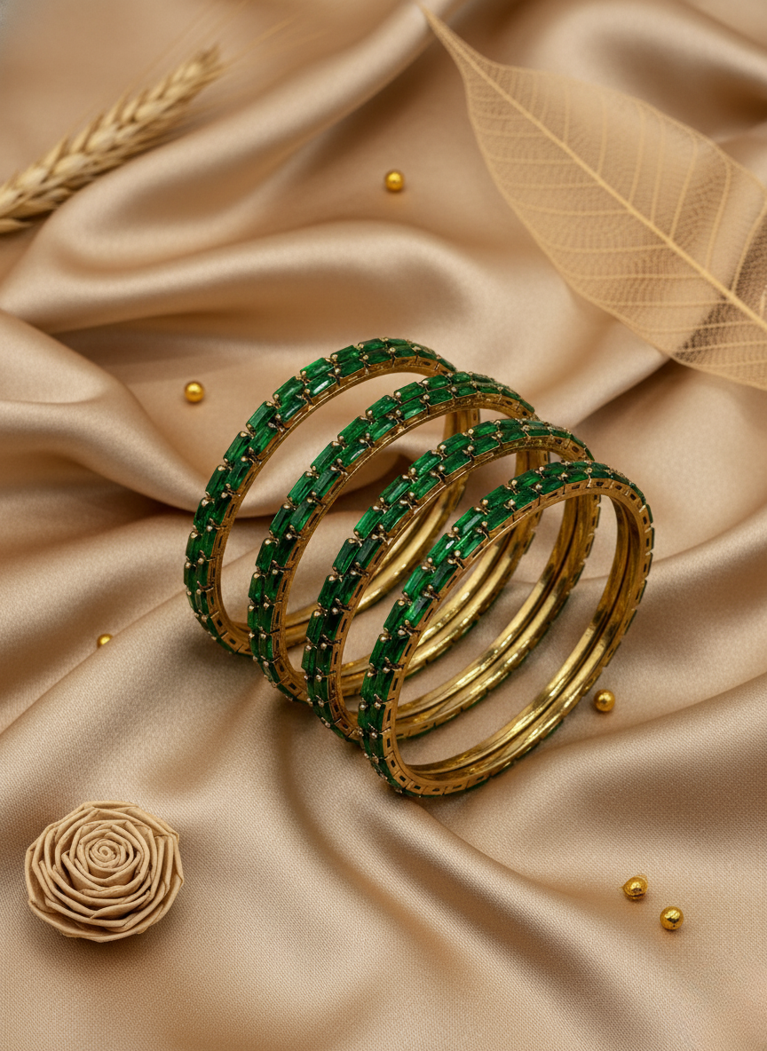 Emerald Green Crystal Bangles (Set of 4)