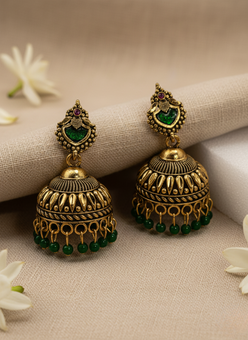 Kashwi Emerald Enamel Antique Jhumkas