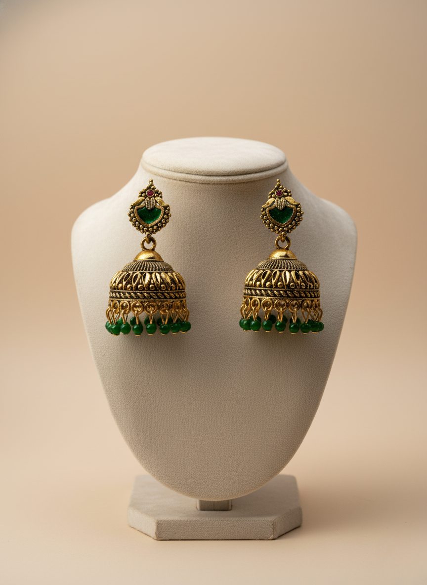 Kashwi Emerald Enamel Antique Jhumkas