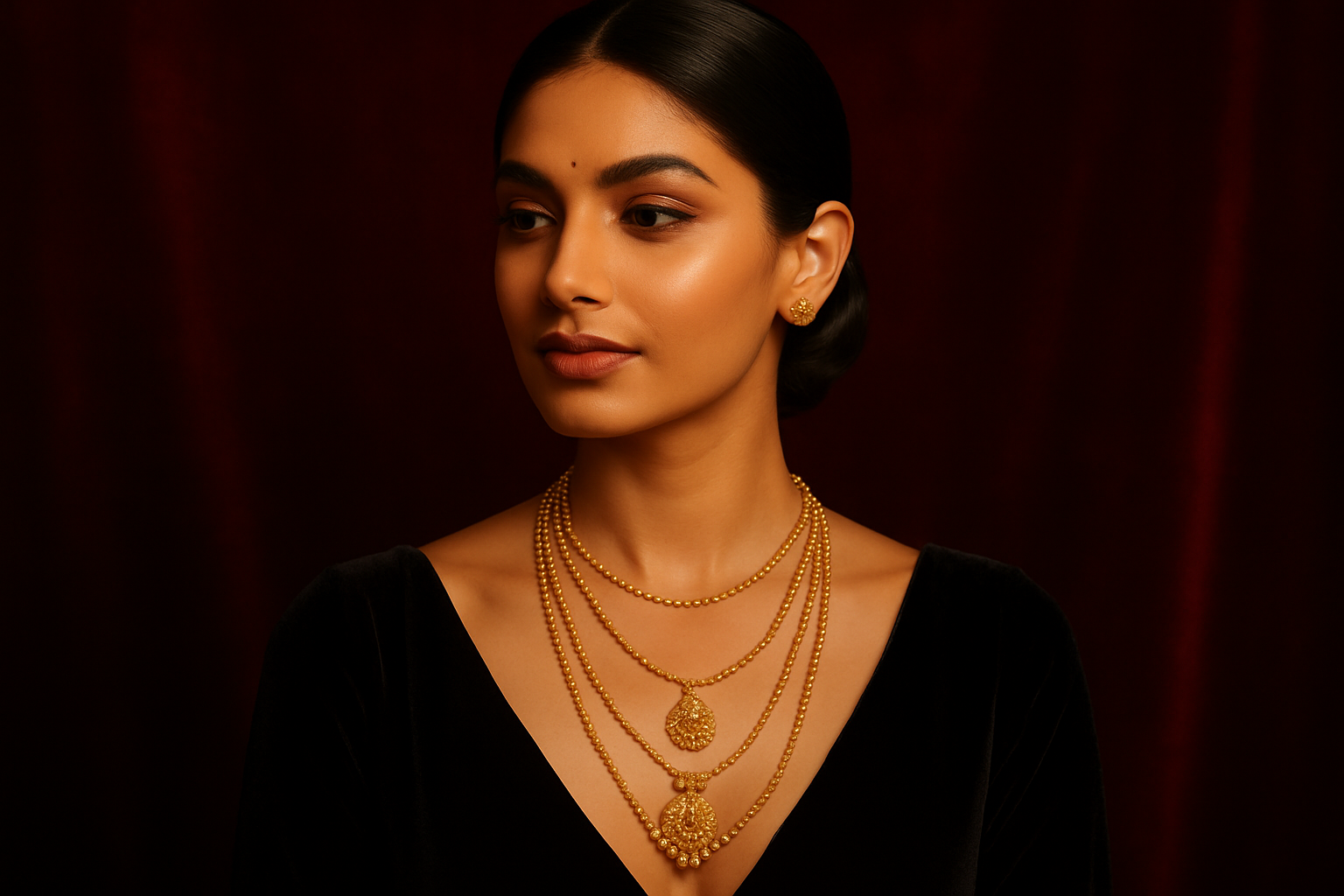 Woman wearing gold necklaces against a dark background