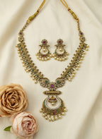 Antique Temple Chandbali Necklace Set – Ruby, Emerald & Pearl Finish
