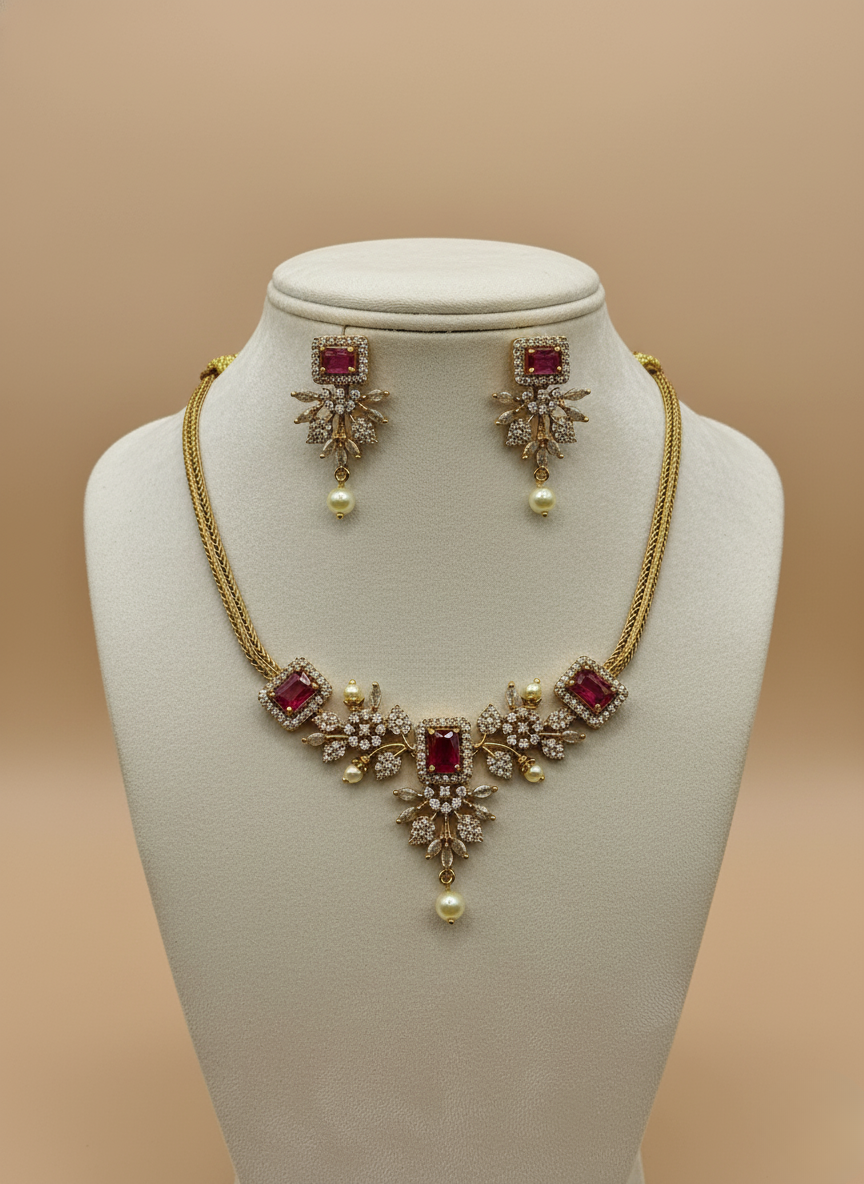 Kashwi Ruby Bloom AD Necklace Set