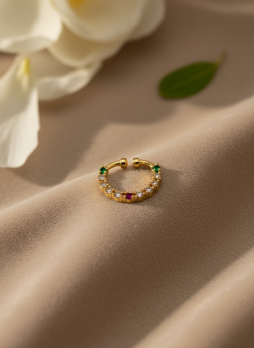 Emerald & Ruby AD Stone Nose Septum – Gold Finish