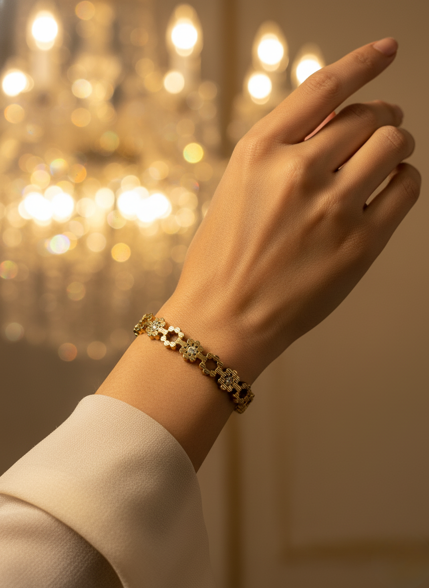 Floral Crystal Bracelet – Gold Bloom Elegance