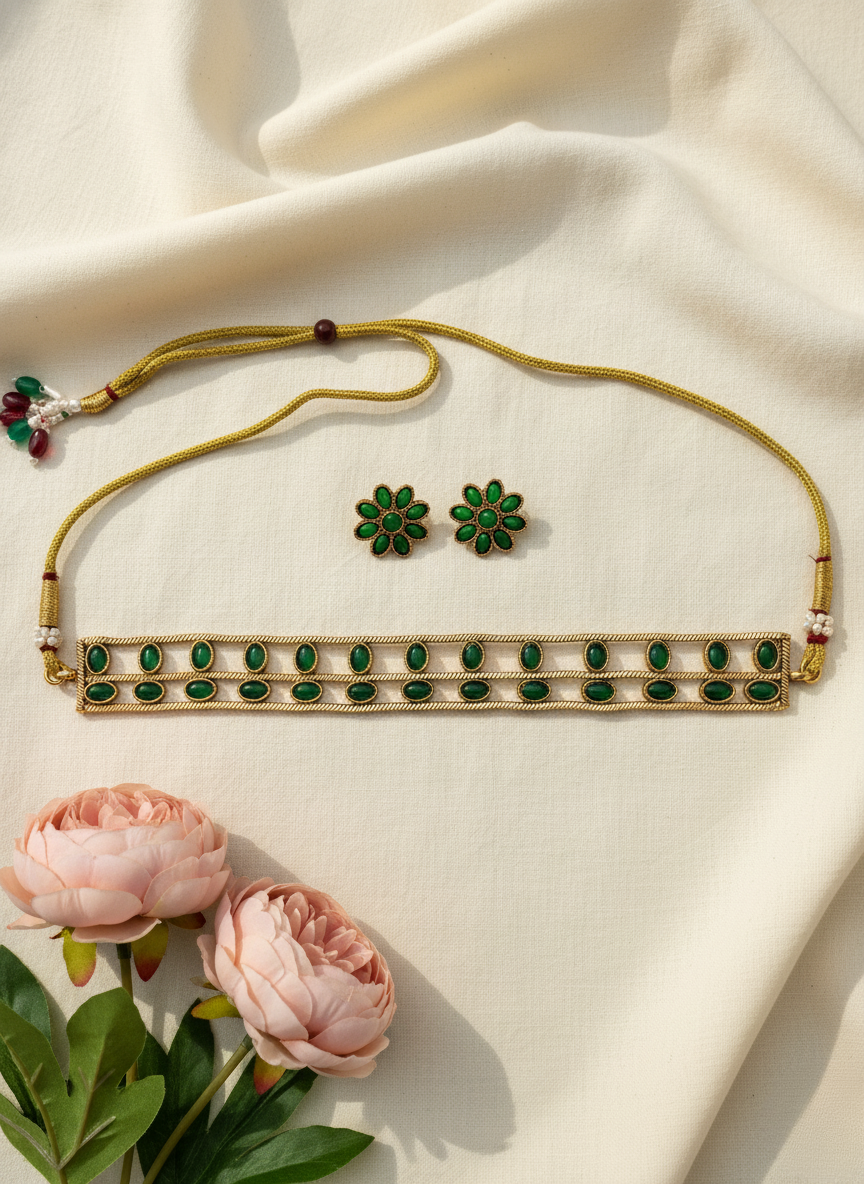 Emerald Green Choker Necklace Set – Antique Gold Finish