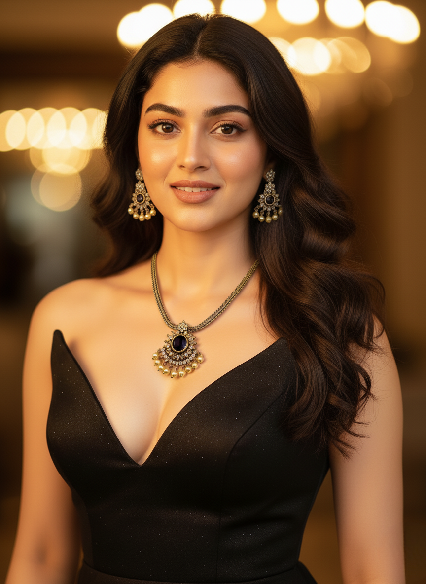 Black CZ & Pearl Necklace Set – Gold Finish