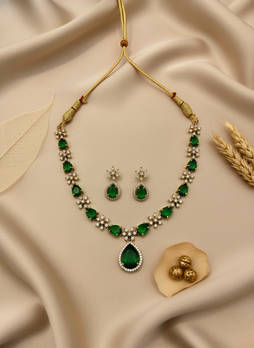 Emerald Floral AD Necklace Set – Premium Sparkling Finish