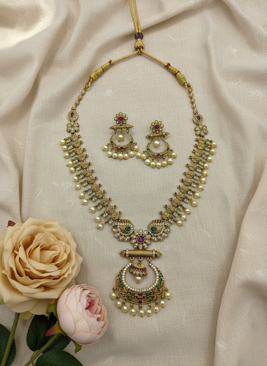 Antique Temple Chandbali Necklace Set – Ruby, Emerald & Pearl Finish