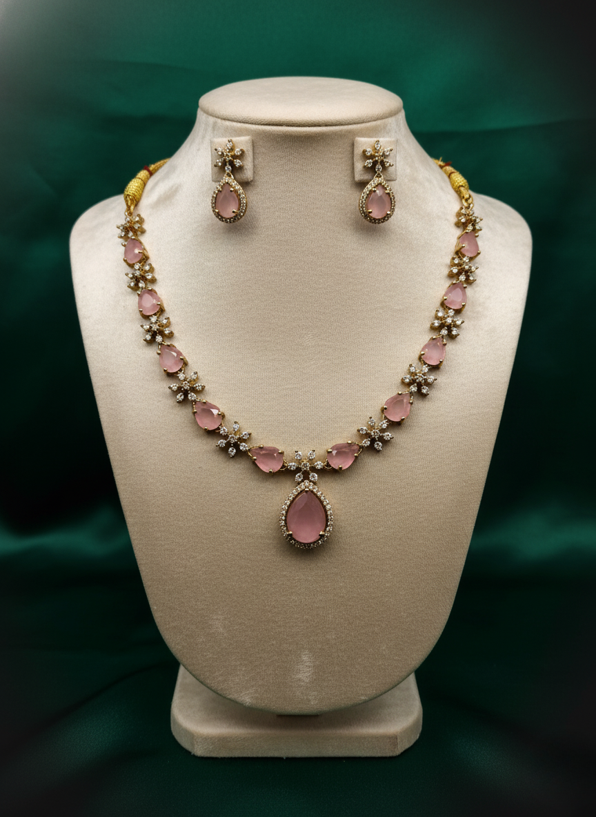 Blush Pink AD Necklace Set – Premium Gold Finish