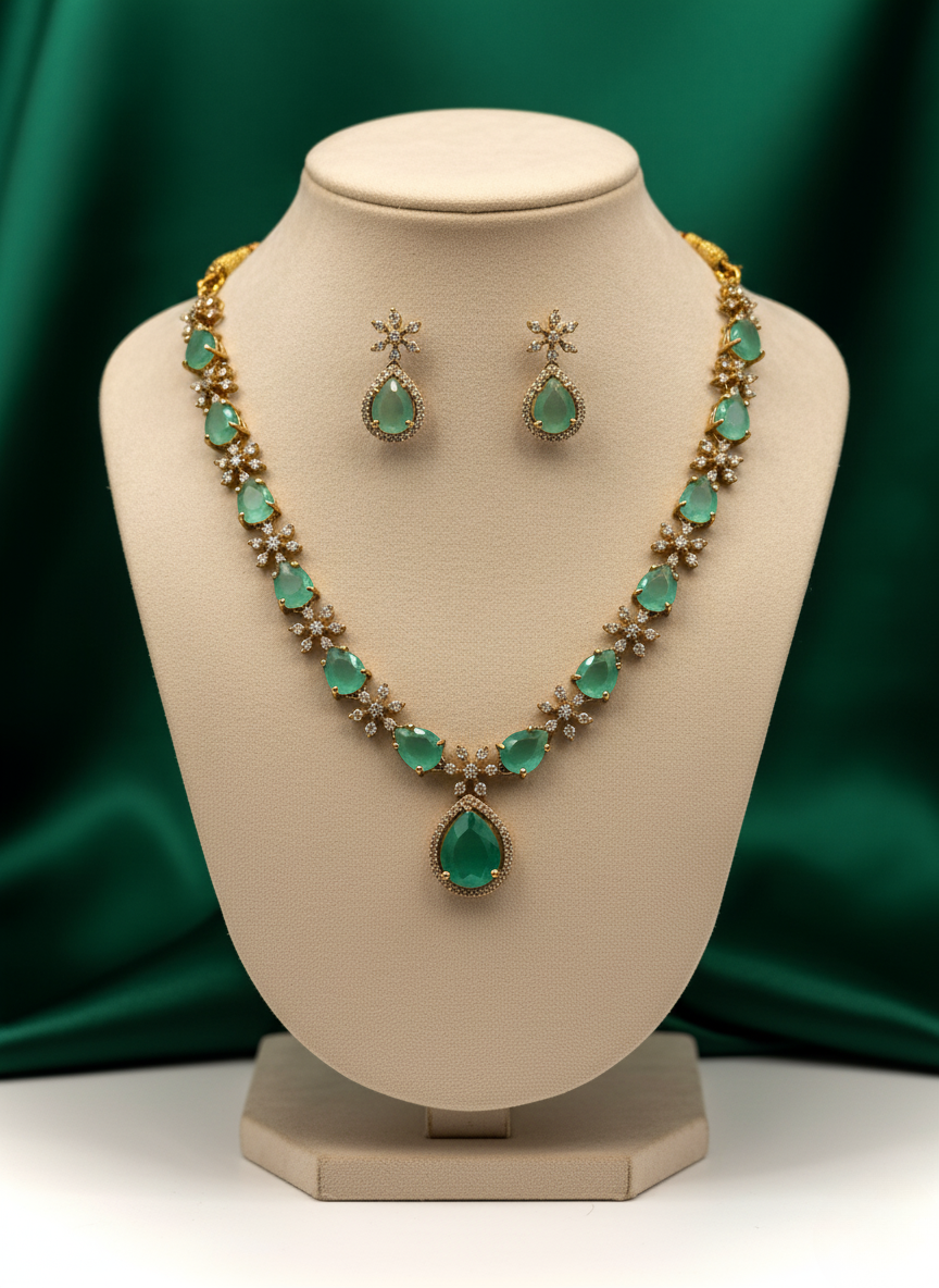 Mint Green AD Necklace Set – Luxe Floral Elegance
