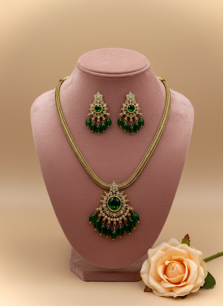 Emerald Green CZ & Pearl Necklace Set – Gold Finish