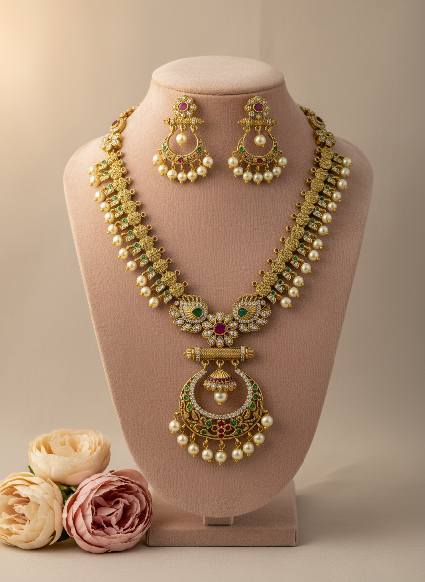 Antique Temple Chandbali Necklace Set – Ruby, Emerald & Pearl Finish