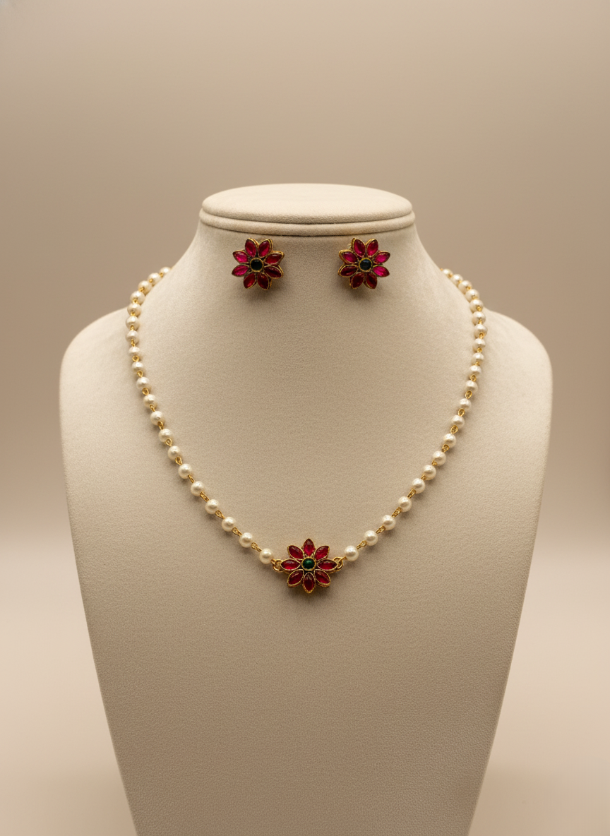 Kashwi Ruby Lotus Pearl Necklace Set