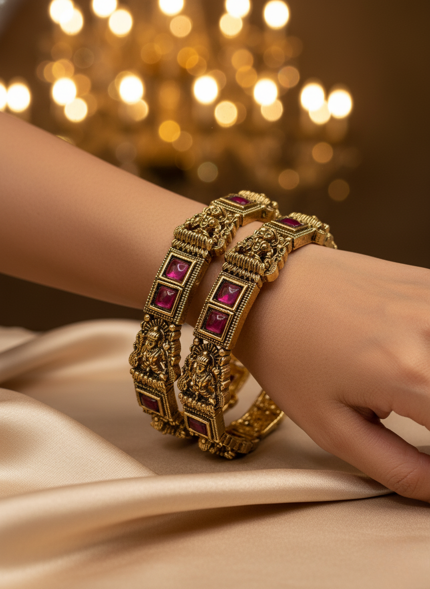 Temple Lakshmi Ruby Antique Bangles (Set of 2)