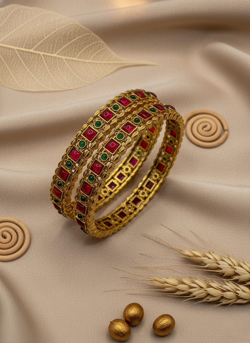 Antique Ruby Square Floral Bangles (Set of 2)
