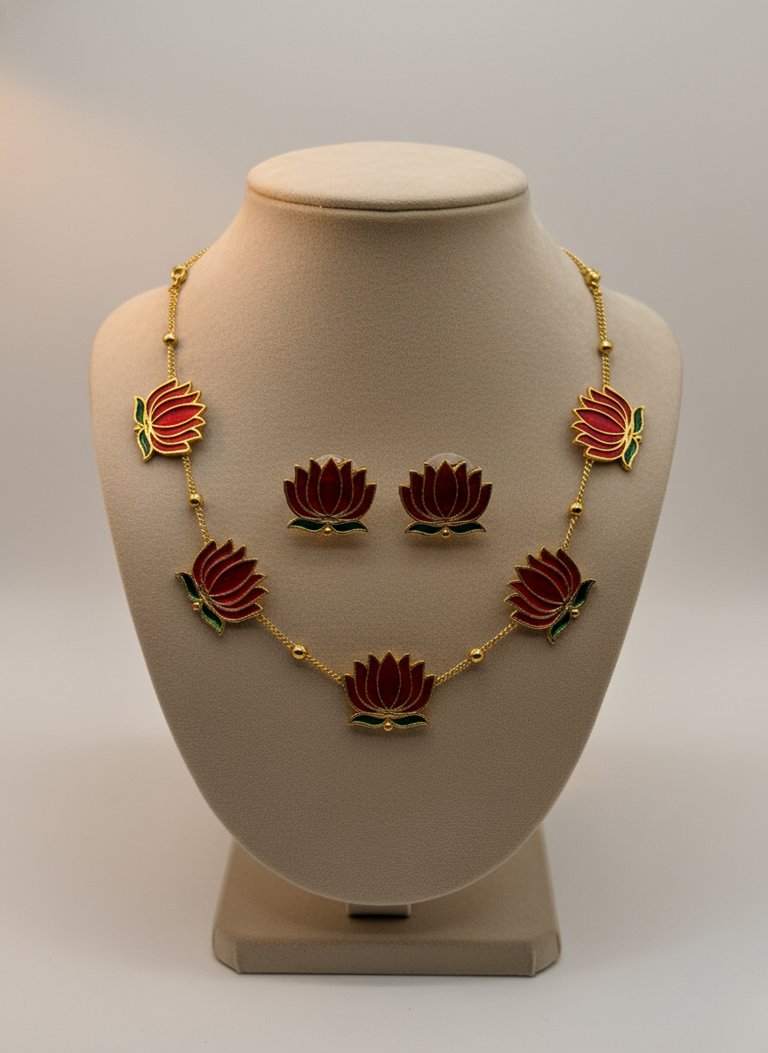 Kashwi Scarlet Lotus Enamel Necklace Set