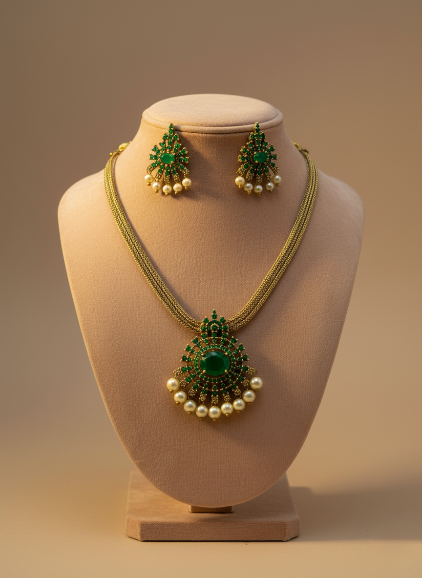 Emerald Green CZ & Pearl Necklace Set – Gold Finish