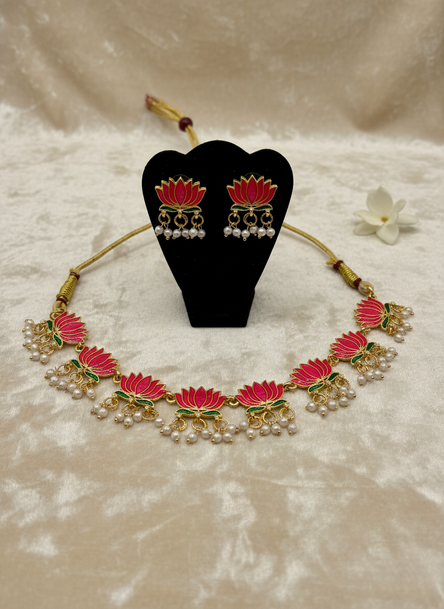 Lotus Enamel Pearl Necklace Set – Ruby Edition