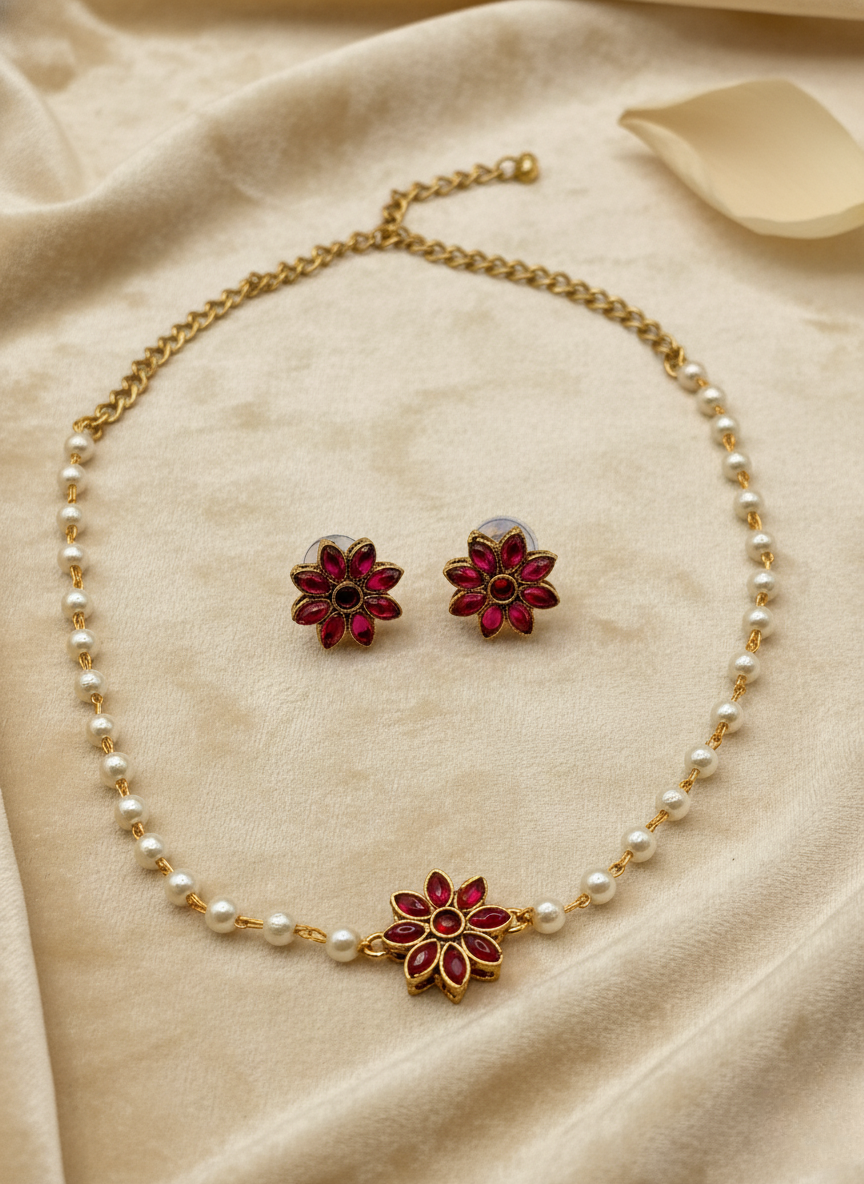 Kashwi Ruby Bloom Pearl Necklace Set