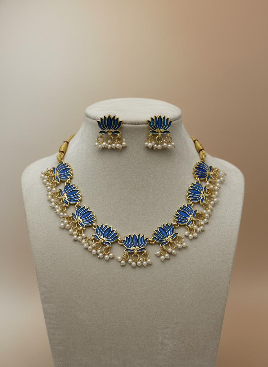 Lotus Enamel Pearl Necklace Set