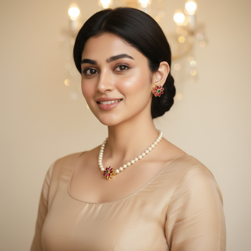 Kashwi Ruby Lotus Pearl Necklace Set