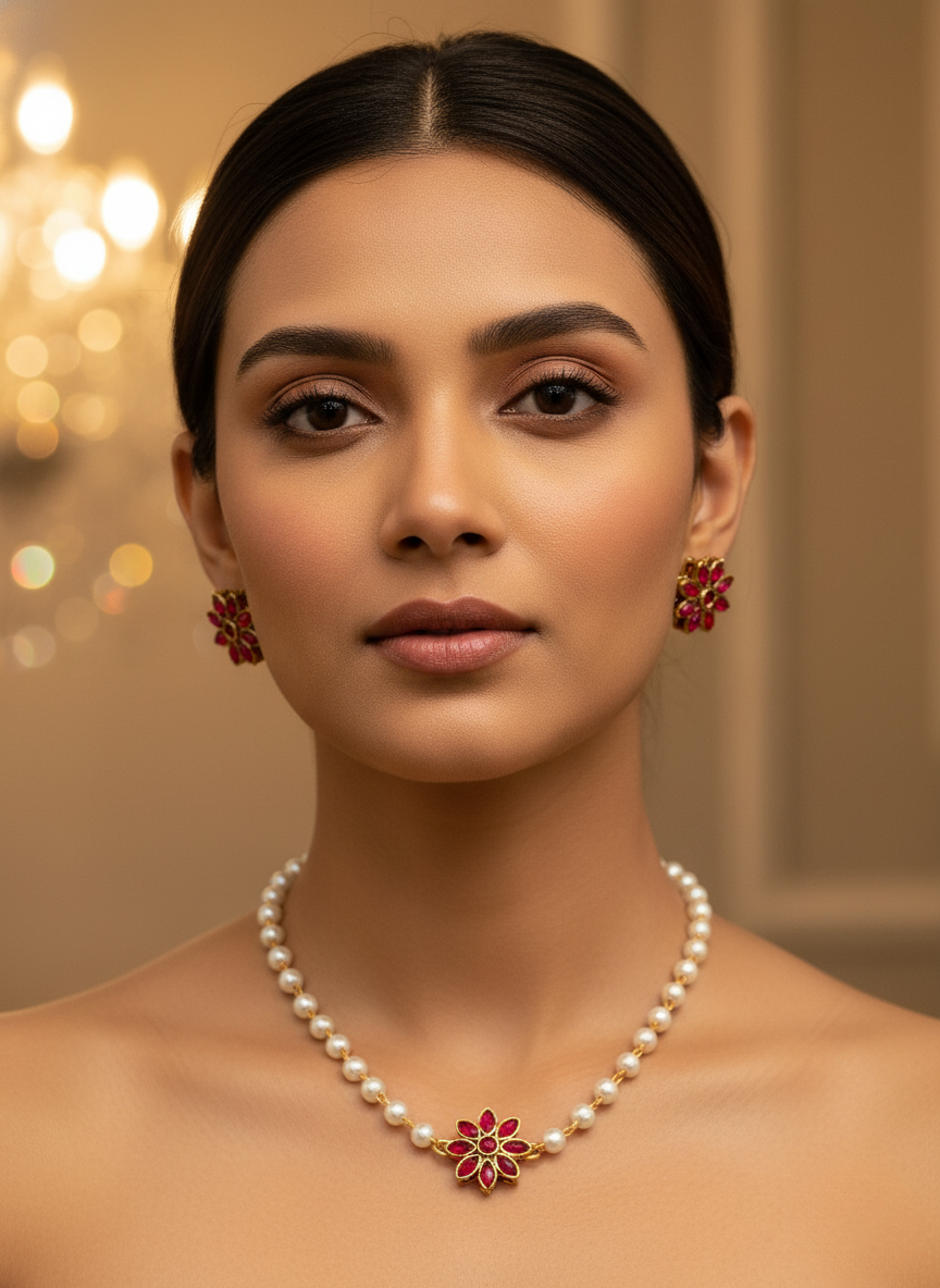 Kashwi Ruby Bloom Pearl Necklace Set