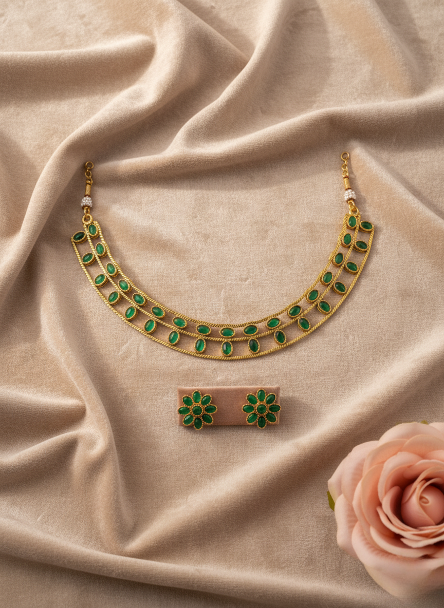 Emerald Green Double-Layer Choker Necklace Set – Antique Gold Finish