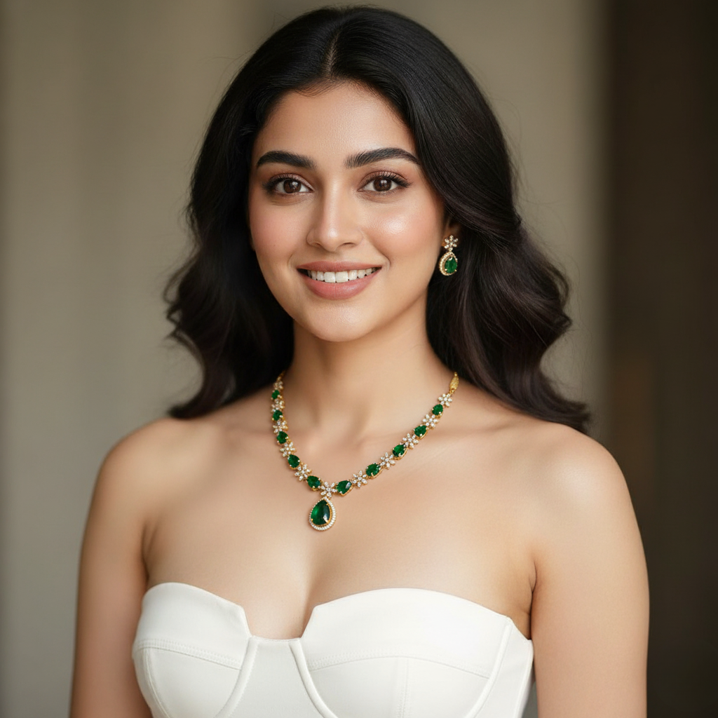 Emerald Floral AD Necklace Set – Premium Sparkling Finish