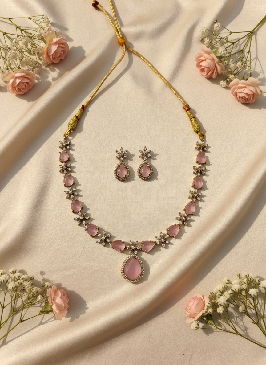 Blush Pink AD Necklace Set – Premium Gold Finish