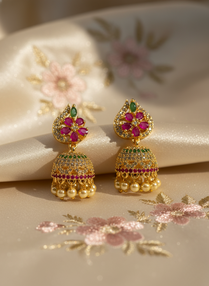 Emerald Ruby AD Jhumkis – Regal Bloom