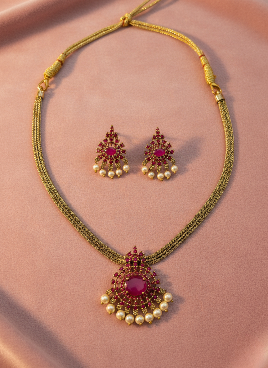 Ruby Red CZ & Pearl Necklace Set – Gold Finish