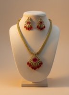 Ruby Red CZ & Bead Necklace Set – Gold Finish