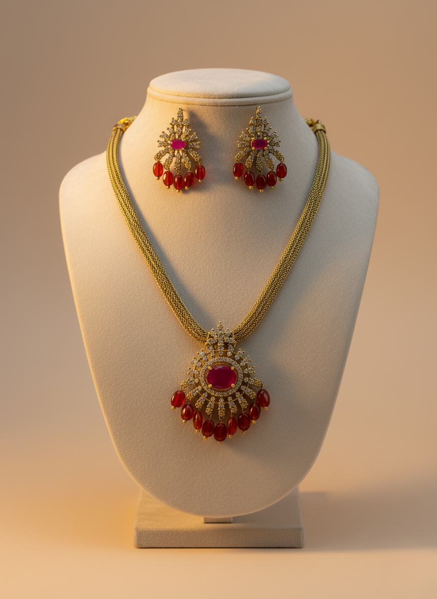 Ruby Red CZ & Bead Necklace Set – Gold Finish
