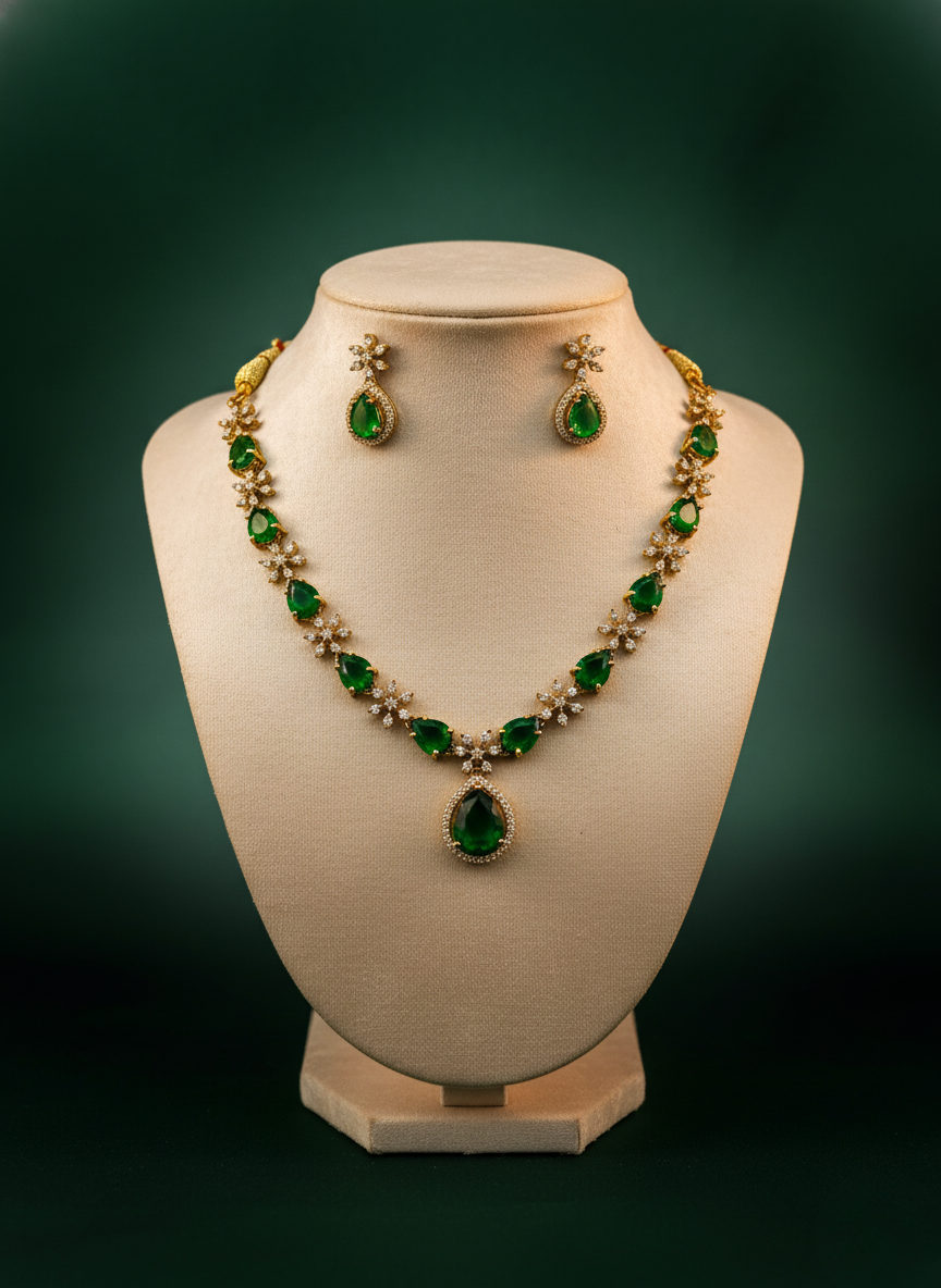 Emerald Floral AD Necklace Set – Premium Sparkling Finish