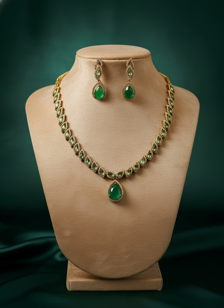 Emerald AD Necklace Set – Antique Gold Finish