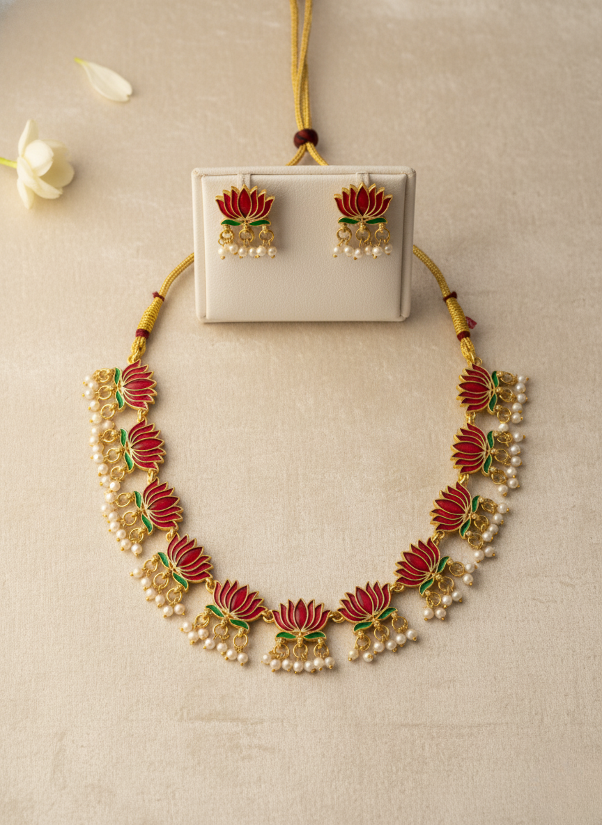 Lotus Enamel Pearl Necklace Set – Vermilion Edition