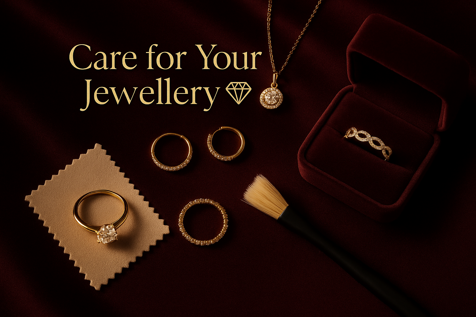 Need a image for my blogpost: Care for Your Jewellery 💎
⚡ Design Rule for Cohesiveness
	•	Backgrounds: Stick to royal tones (deep maroon, wine, dark gold, or black velvet).
	•	Models/Props: Similar lighting & jewelry style to hero banner.
	•	Crop style: Keep all shots either close-up detail OR mid-shot with model, not a mix.
	•	Text overlay: Use golden or white typography (same as logo branding).